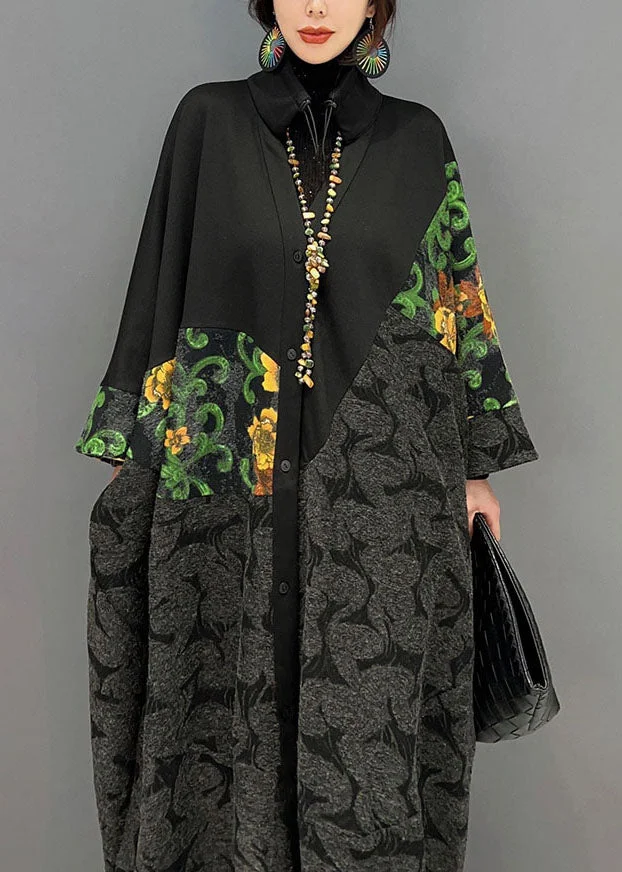 Women's Black Drawstring Patchwork Printed Coat Spring