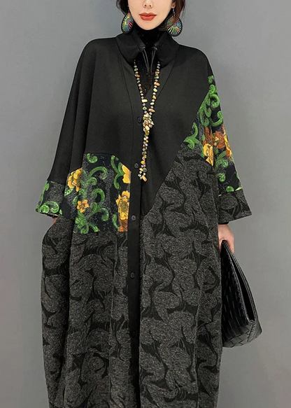 Women's Black Drawstring Patchwork Printed Coat Spring