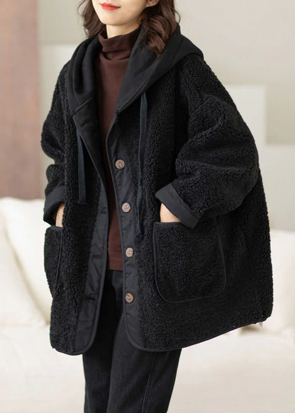 Patchwork Buttoned Thick Faux Fur Hooded Coat