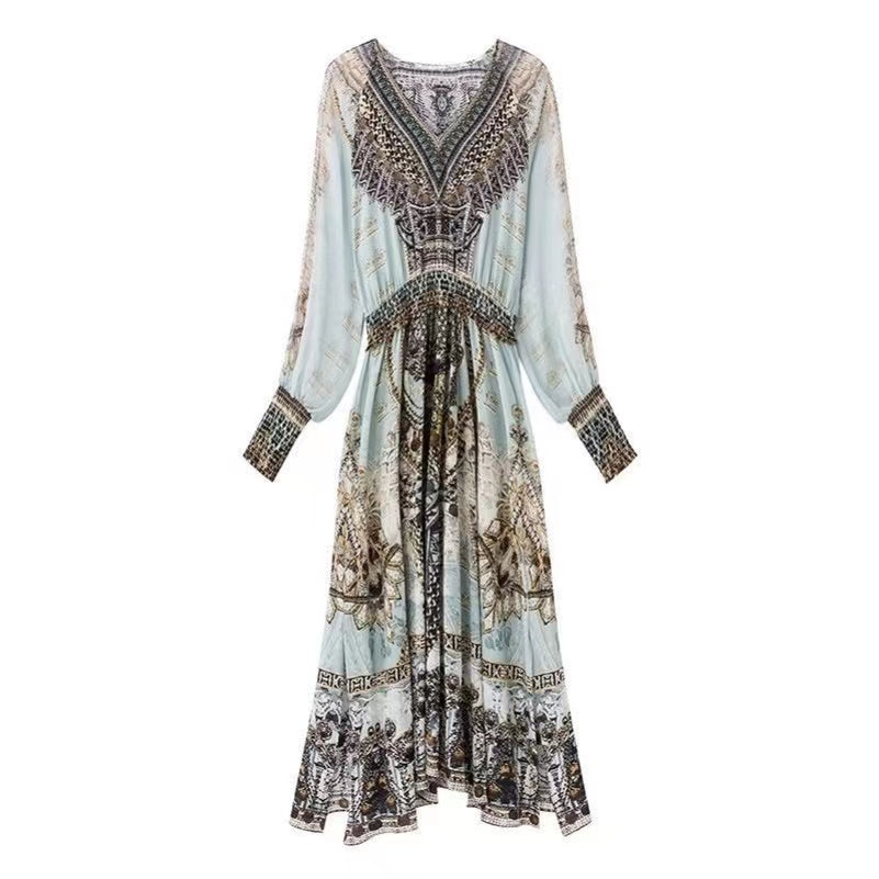 Elegant V-Neck Printed Long Sleeve Dress