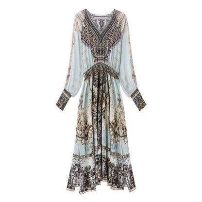 Elegant V-Neck Printed Long Sleeve Dress