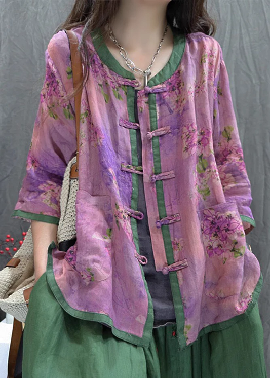 Women's Loose Printed Chinese Buttoned Cotton Shirt Long Sleeve Top