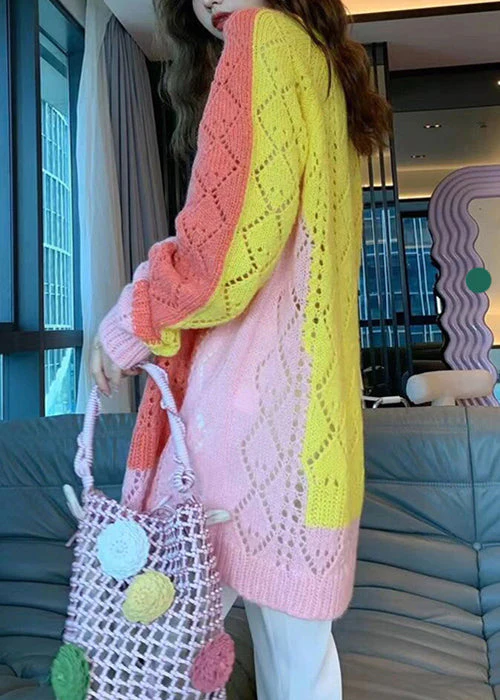 Casual colorblocked O-neck cut-out quilted cotton sweater