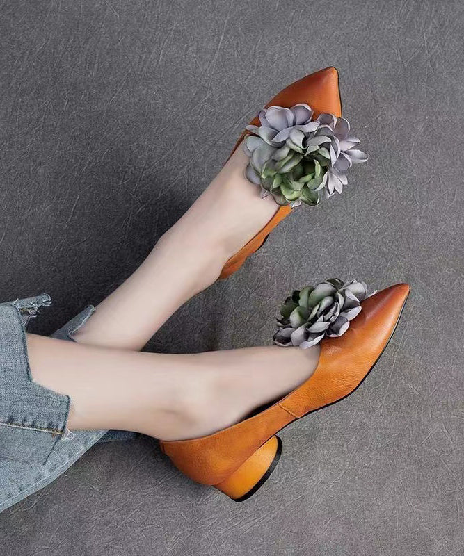 Fashion Camel Flower Pointed Toe Cowhide Flats