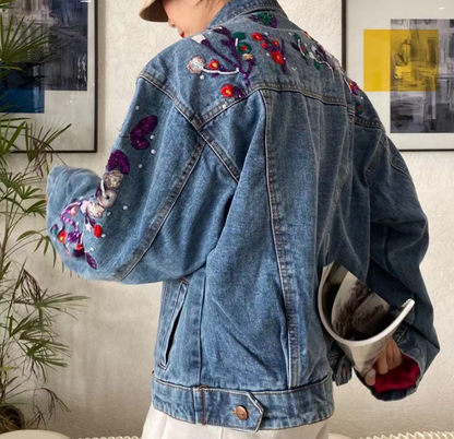 Loose Embroidered Floral Beaded Color Block Denim Jacket