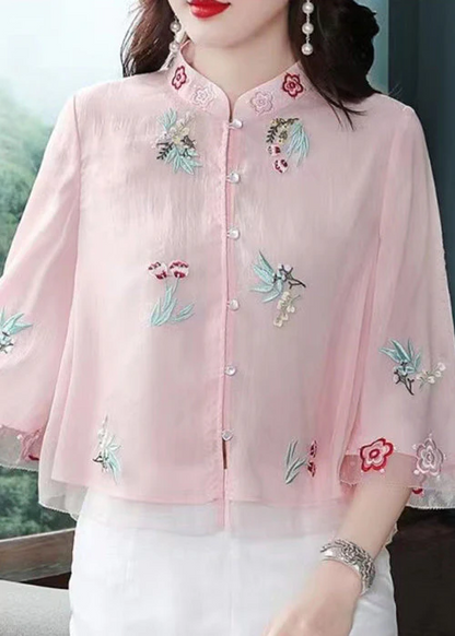 Women's Pink Standing Neck Embroidery Patchwork Chiffon Top