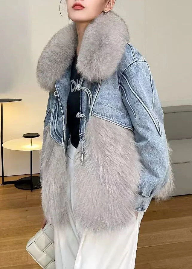 Women's Fringed Denim Patchwork Furry Fur Puffy Jacket