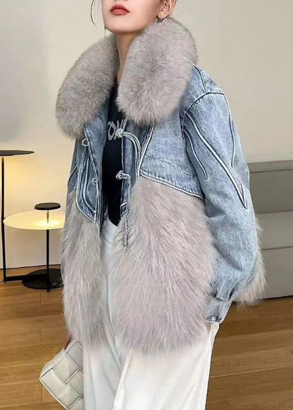 Women's Fringed Denim Patchwork Furry Fur Puffy Jacket