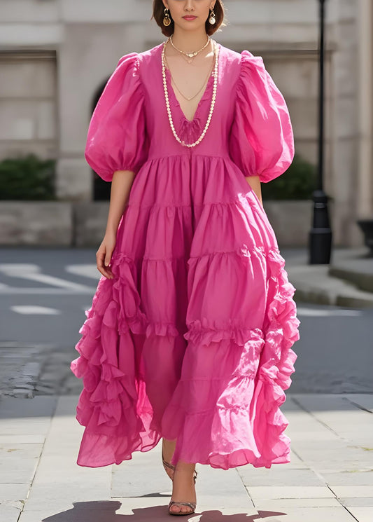Women's Italian Rose Ruffle Bubble Sleeve Cotton Dress Spring Summer