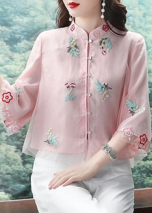 Women's Pink Standing Neck Embroidery Patchwork Chiffon Top