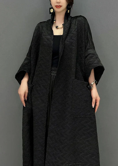 Italian Black Large Pocket Jacquard Silk Trench Coat Spring