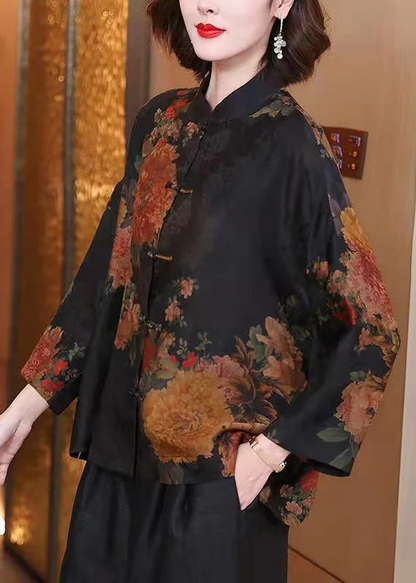 China Phoenix Women's Large Size Lapel Printed Button Silk Shirt Long Sleeve