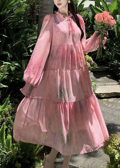 Women's Original Pink Ruffle Tie Splicing Chiffon Long Sleeve Dress Party
