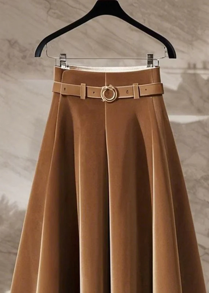 Women's French Coffee High Waist Trimmed Velvet Long Skirt