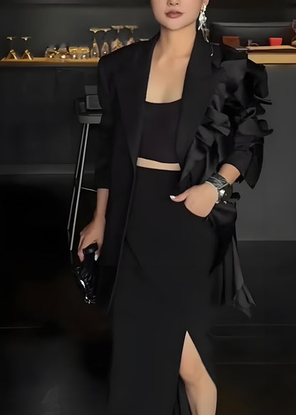 Women's French Black Asymmetric Ruffle Long Sleeve Jacket
