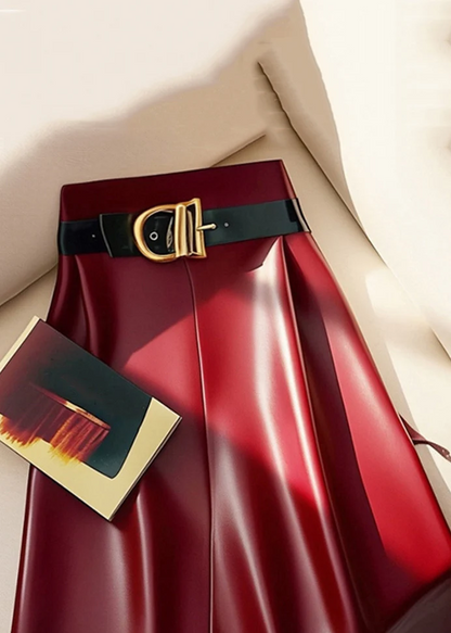 Women's Red Belt Solid Color High Waist Faux Leather Skirt