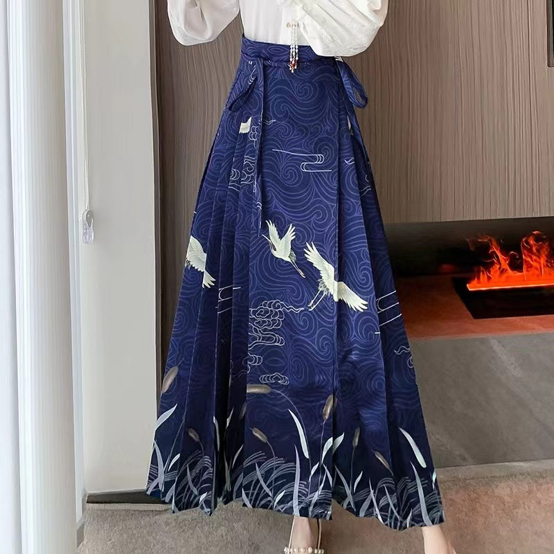 Women's Vintage Blue Pleated Printed Skirt