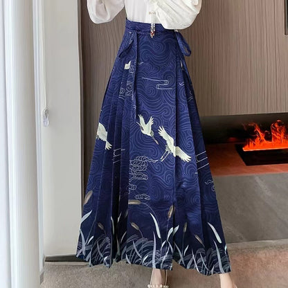 Women's Vintage Blue Pleated Printed Skirt