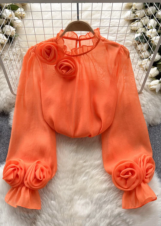 Women's Bright Orange Ruffle Solid Color Long Sleeve Top