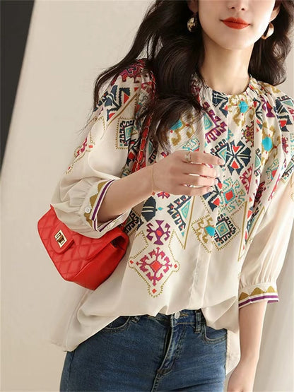 Vintage Geometric Print Silk Short Sleeve Prints