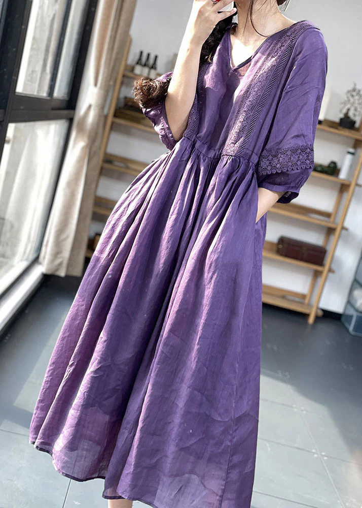 Women's Purple V Neck Waist Lace Patchwork Oversized Hem Cotton Dress Spring Summer