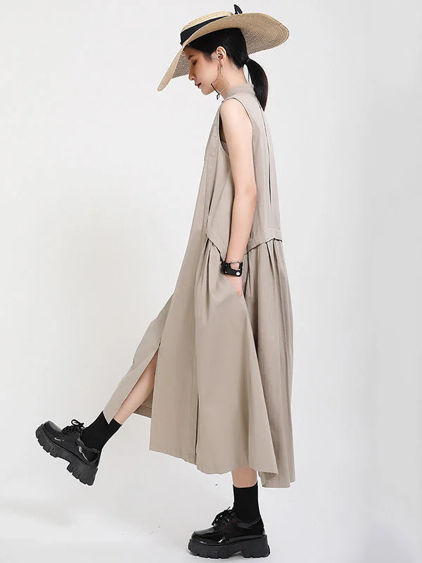 Women's Beach Travel Solid Color Sleeveless Stand-Up Neck Shirt Dresses