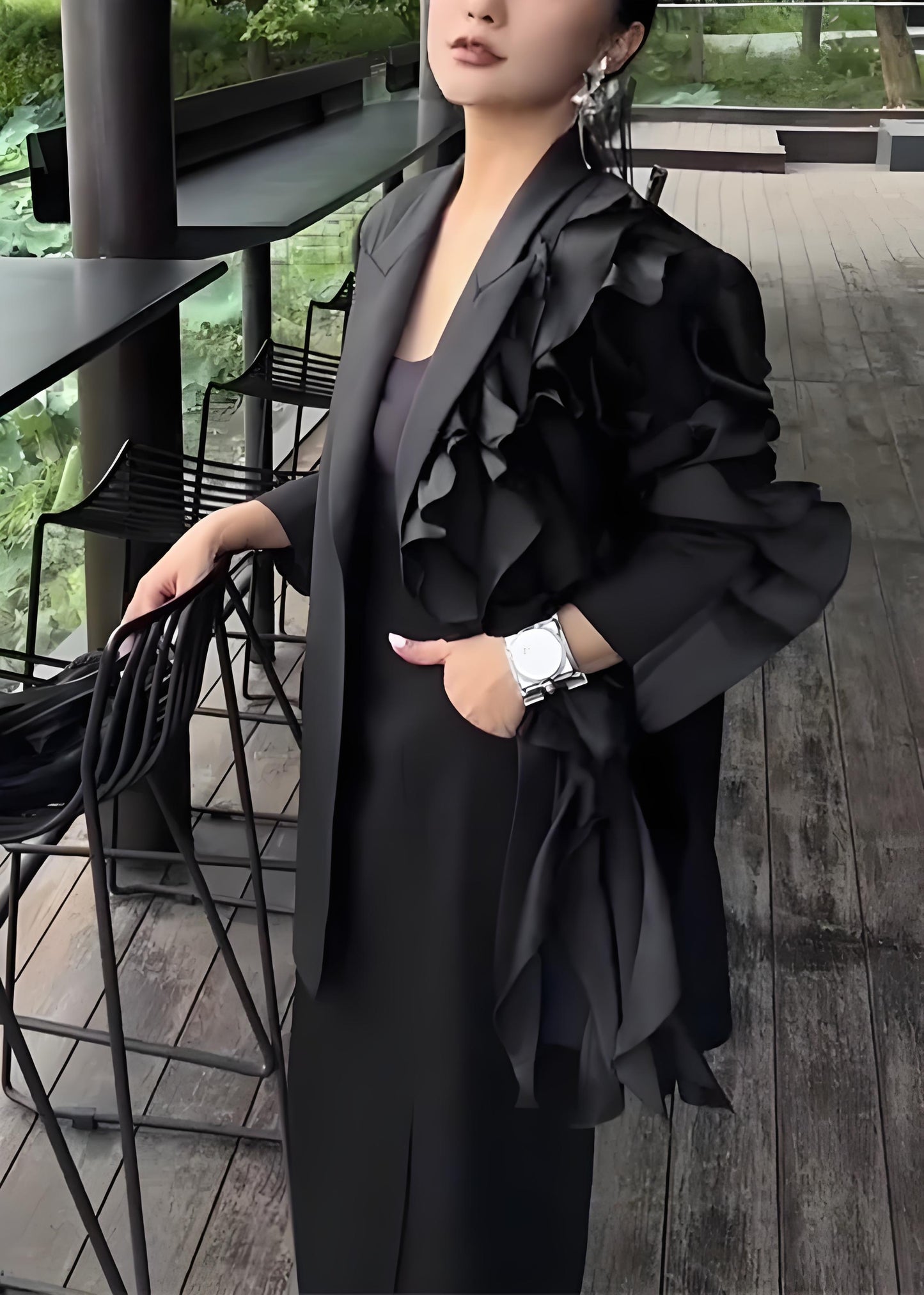 Women's French Black Asymmetric Ruffle Long Sleeve Jacket