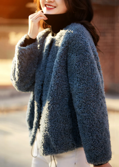 Women's Plus Size Blue Pocket Drawstring Teddy Faux Fur Coat
