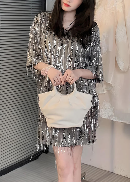 Women's Party Silver O Neck Sequin Patchwork Cotton Dresses
