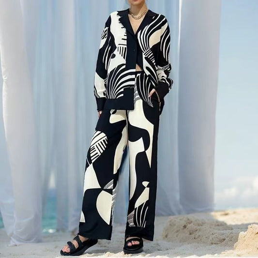 Women's Black Printed Long Sleeve Cardigan Set Spring