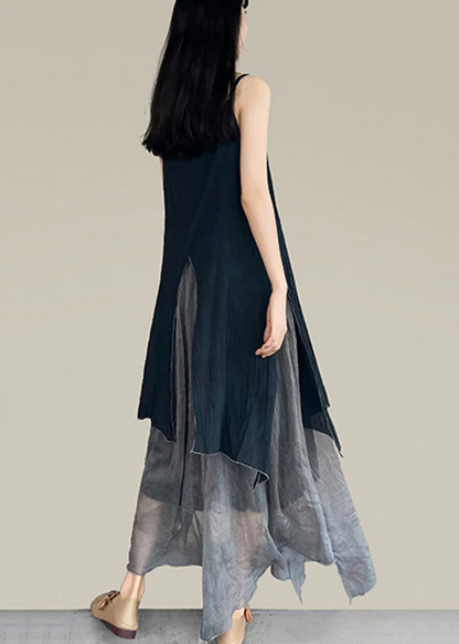Black Asymmetric Patchwork Patchwork Spaghetti Strap Dress