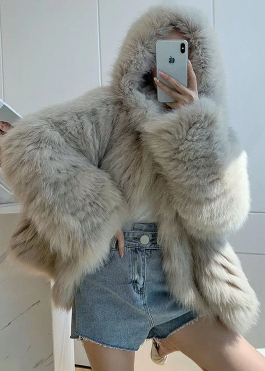 Women's Light Grey Hooded Patchwork Furry Plush
