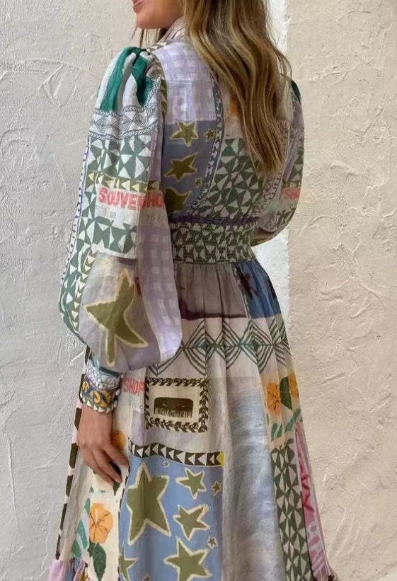 Elegant Printed Button Slim Waist Long Sleeve Long Dresses
