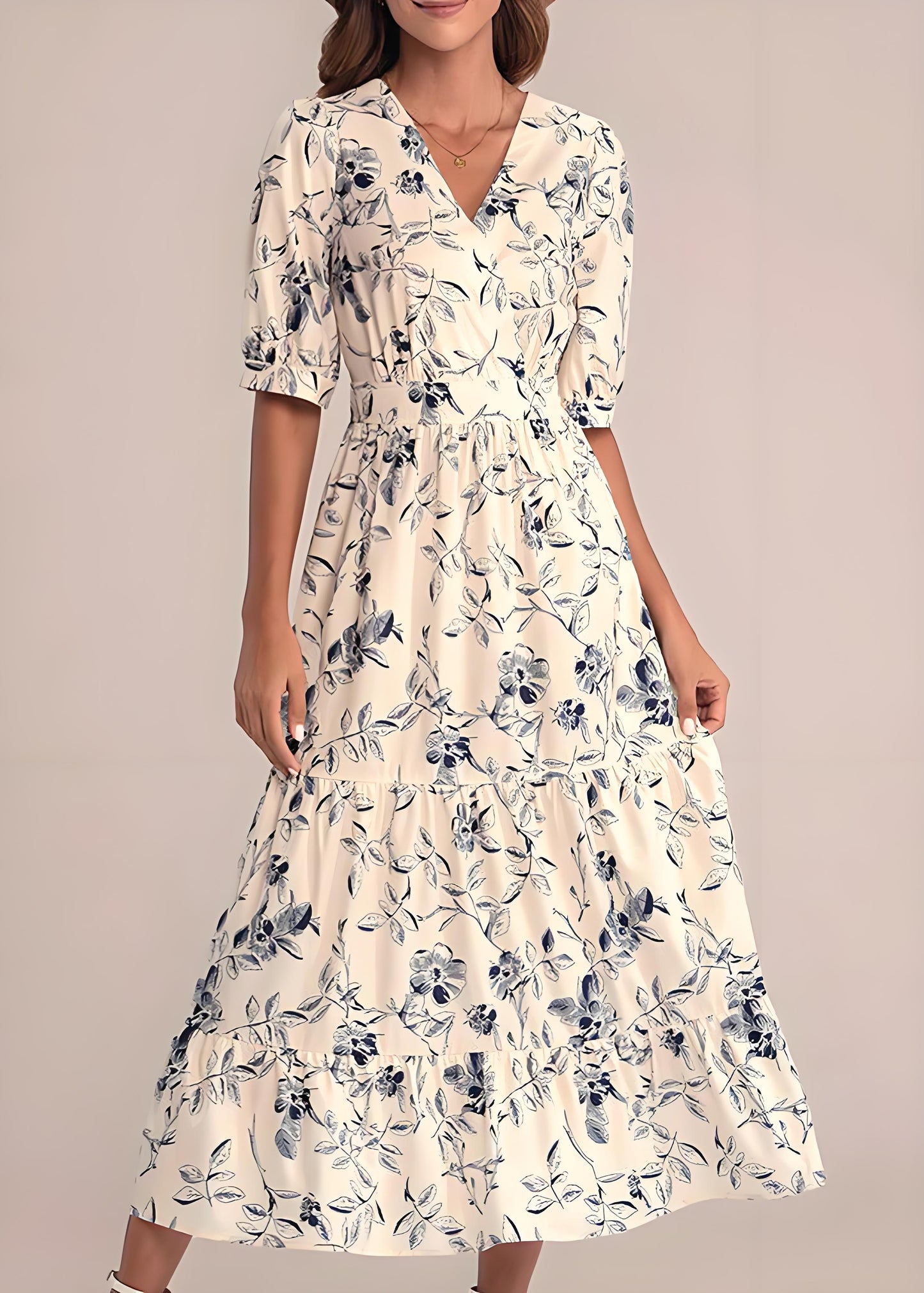 Women's V-Neck Printed High Waisted Cotton Dress