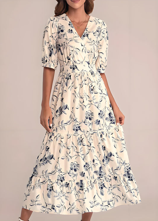 Women's V-Neck Printed High Waisted Cotton Dress