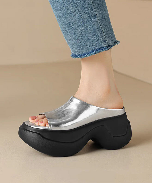Women's Beach Gold Thick Bottom Heels Faux Leather Open Toe Sandals