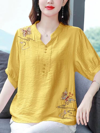 Loose Standing Collar Embroidered Button Cotton Short Sleeve Shirt Top