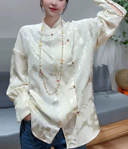 Chinese Standing Collar Button Wrap Silk Jacquard Blouse