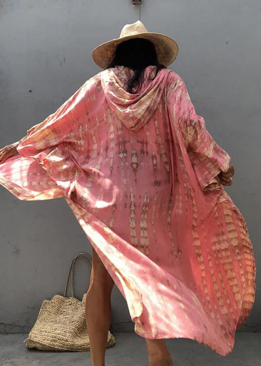 Pink Hooded Printed Cotton Loose Cardigan