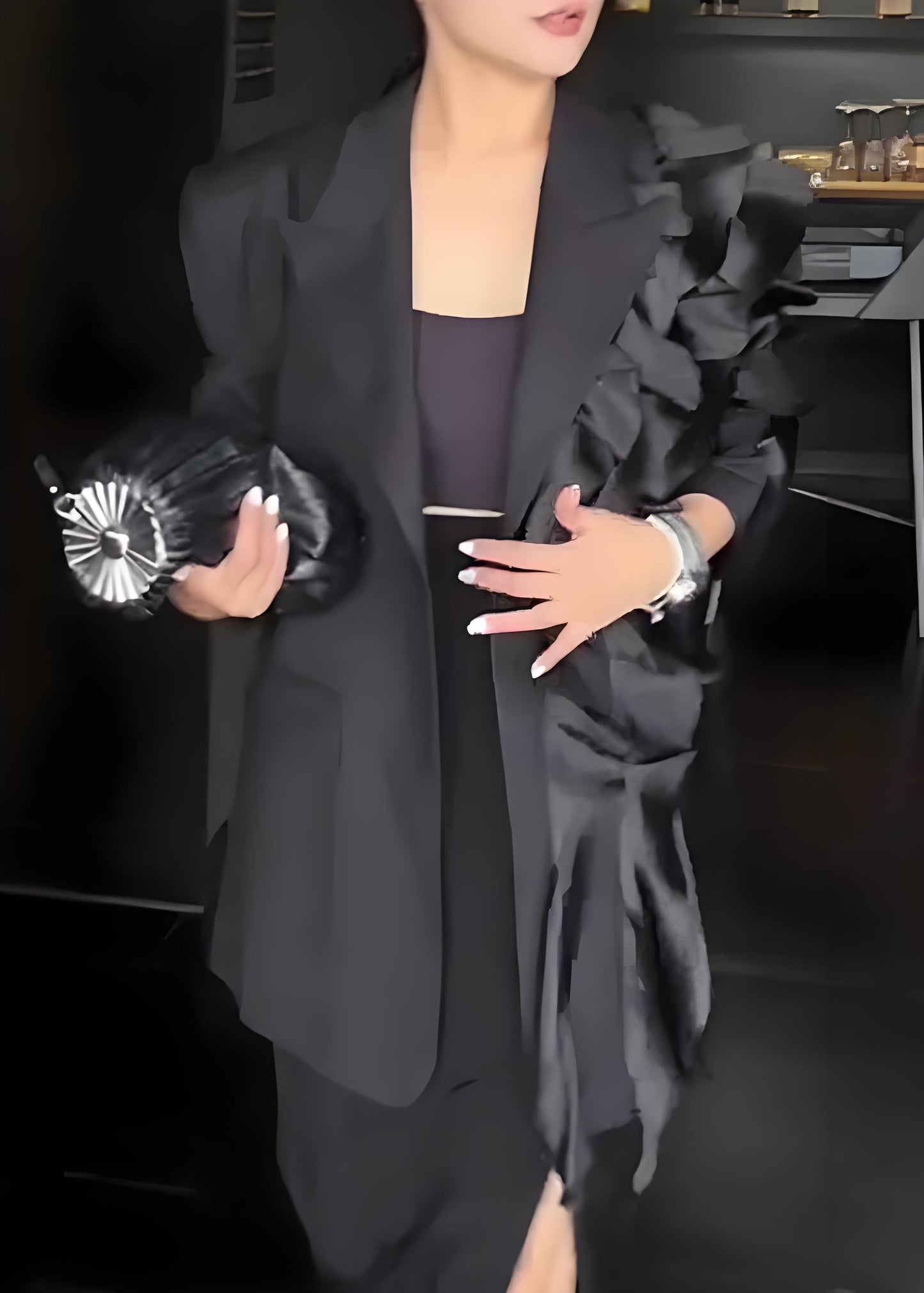 Women's French Black Asymmetric Ruffle Long Sleeve Jacket