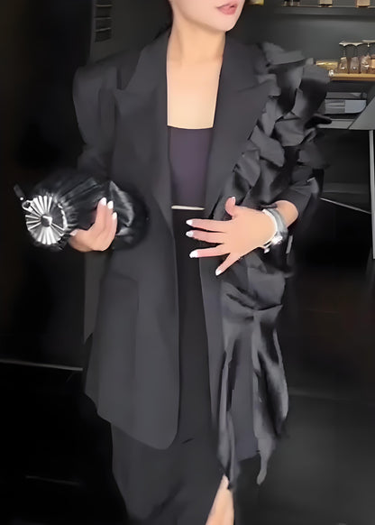 Women's French Black Asymmetric Ruffle Long Sleeve Jacket