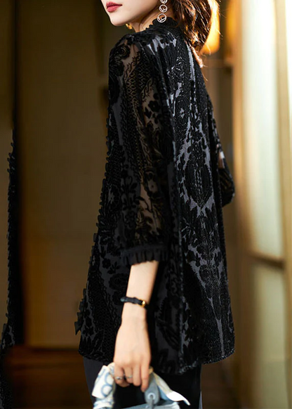 French V-Neck Floral Velvet Patchwork Top