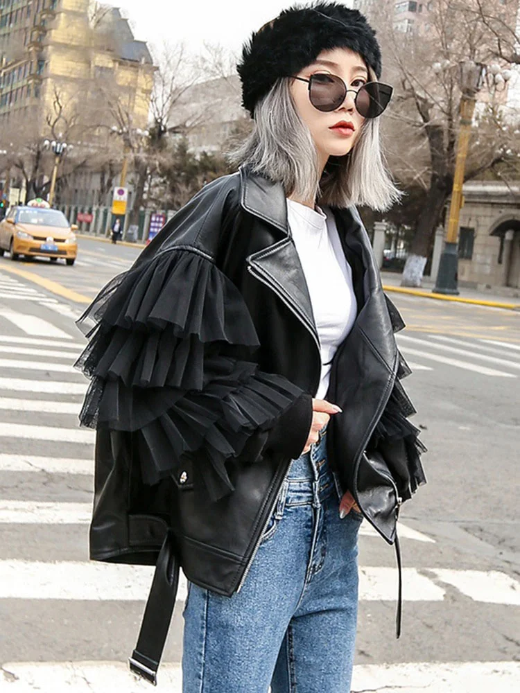 Women's Plus Size Black Lapel Patchwork Patchwork Multi-Layer Tulle Zipper Leather Jacket