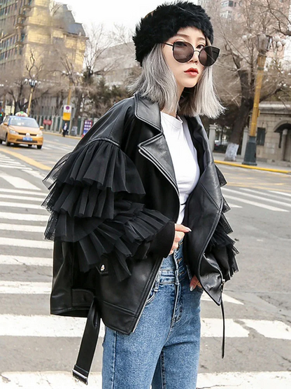 Women's Plus Size Black Lapel Patchwork Patchwork Multi-Layer Tulle Zipper Leather Jacket