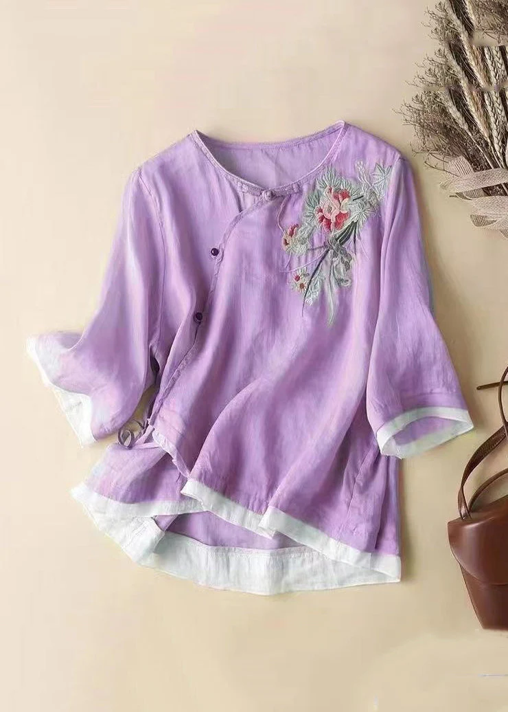 Women's Cotton Linen Linen Embroidery Button Short Sleeve Shirt