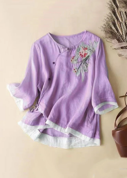 Women's Cotton Linen Linen Embroidery Button Short Sleeve Shirt