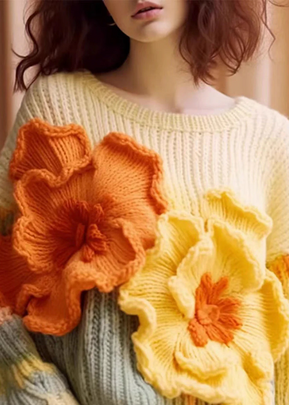 Women's Floral Apricot Floral Comfortable Cotton Knit Long Sleeve Sweater