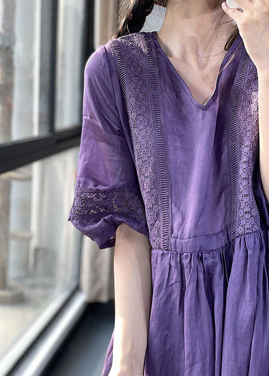 Women's Purple V Neck Waist Lace Patchwork Oversized Hem Cotton Dress Spring Summer