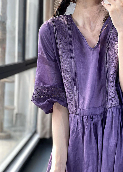 Women's Purple V Neck Waist Lace Patchwork Oversized Hem Cotton Dress Spring Summer