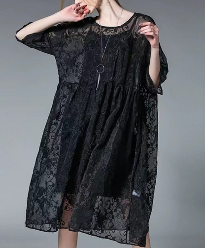Vintage Gray Fashion Plus Size Lace Embroidered Dress & Suspender Two Pieces